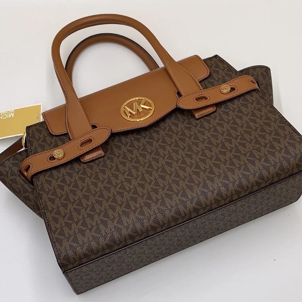 MICHAEL KORS CARMEN MEDIUM FLAP SATCHEL BROWN SIGNATURE COLOR